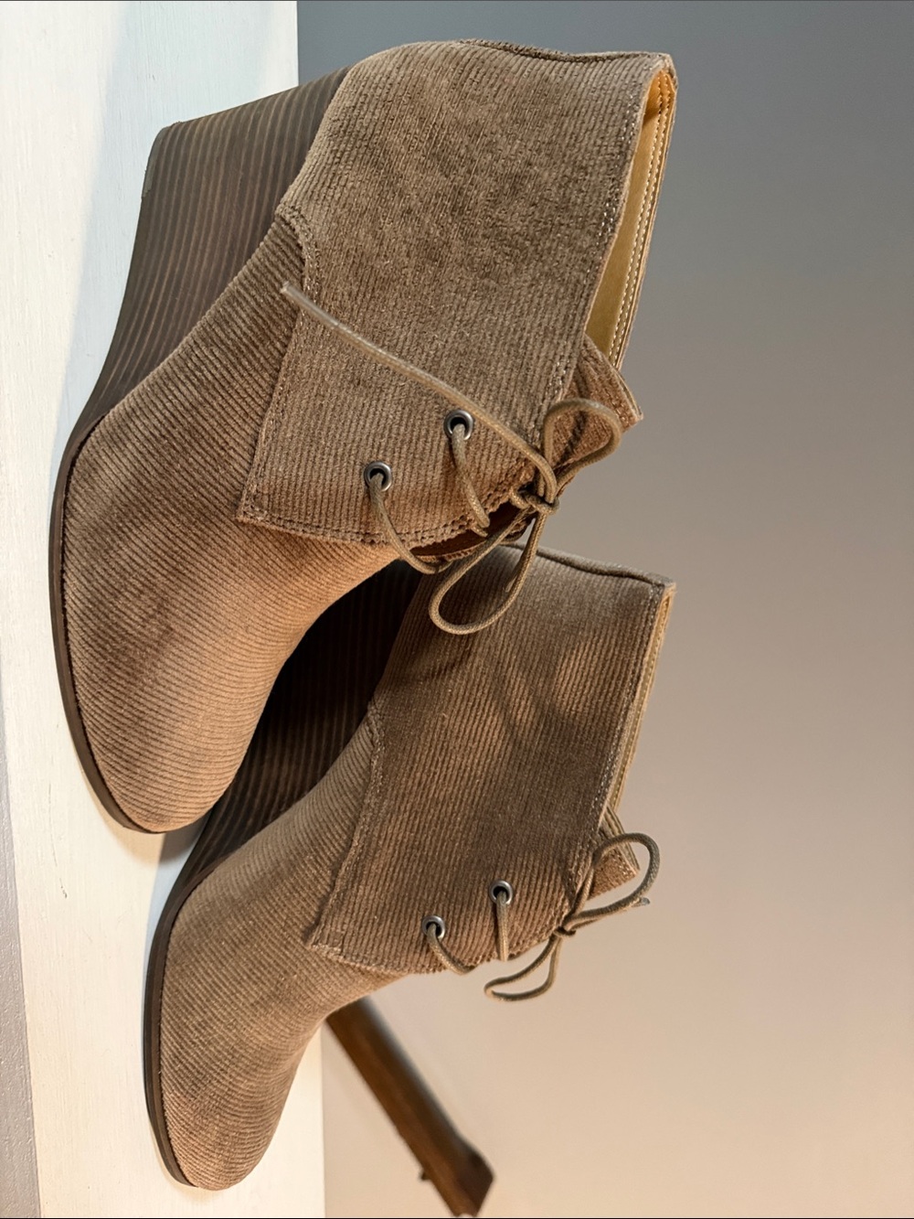 Lucky Brand Taupe Corduroy Lace-Up Wedge Ankle Boots